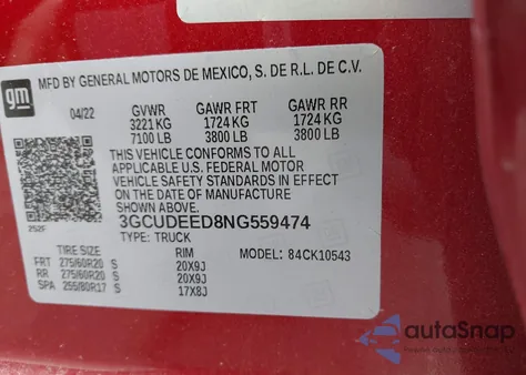 2022 Chevrolet Silverado 1500 4Wd Short Bed Rst z USA, uszkodzony, nr VIN 3GCUDEED8NG559474